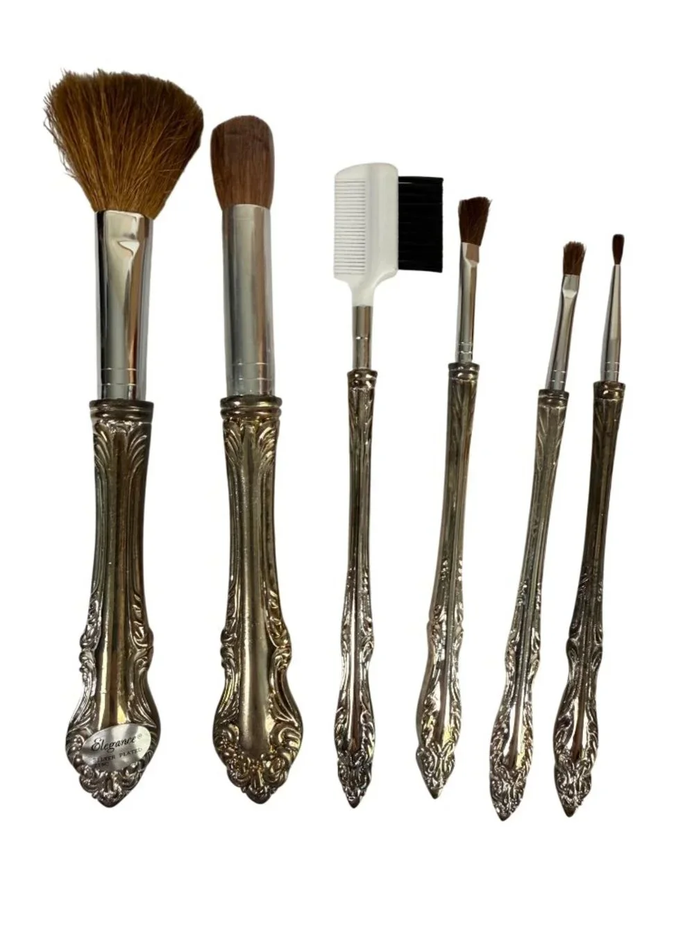 Vintage Style Elegance Silver-Plated Makeup Brush Set Carrying Case 6 Piece